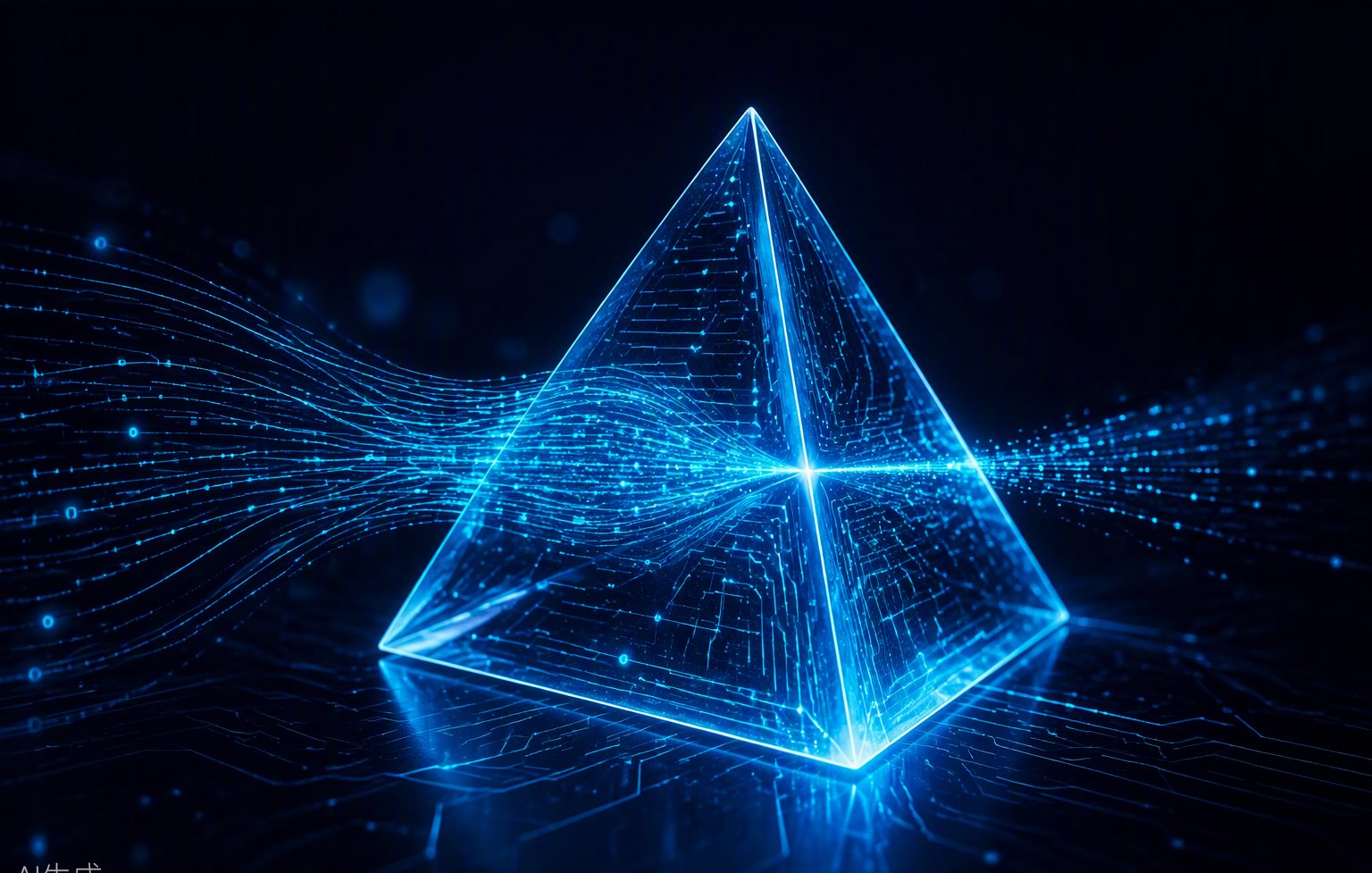 A luminous prism of circuit traces and data streams glowing cyan on navy
