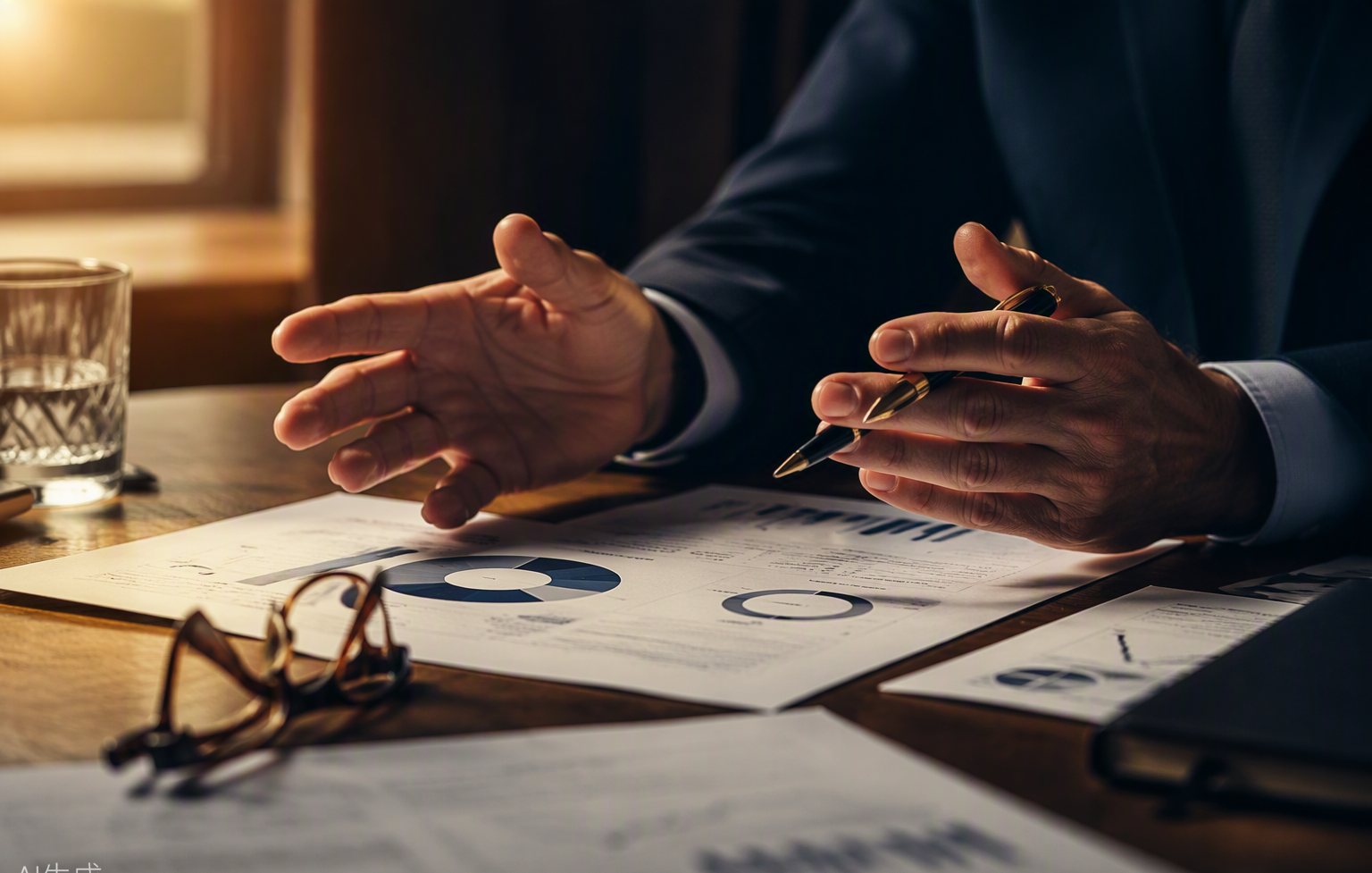 A consultant's hands over strategy documents in warm boardroom light