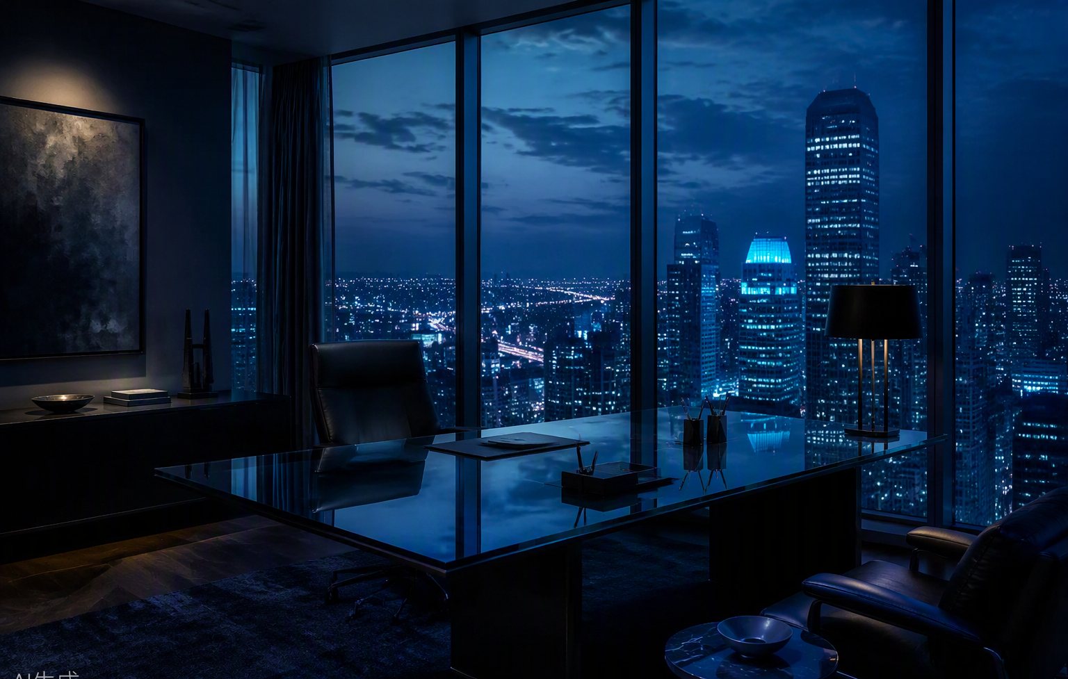 Executive corner office at dusk overlooking a city skyline in navy twilight