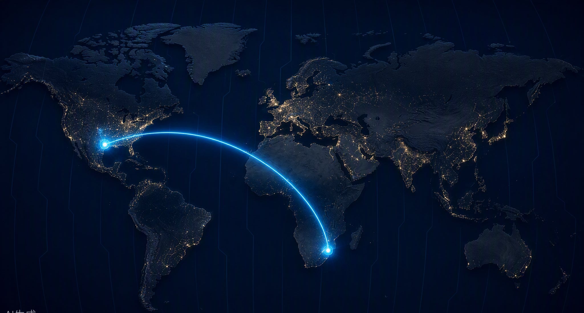 Dark world map with a glowing cyan arc linking Texas and South Africa