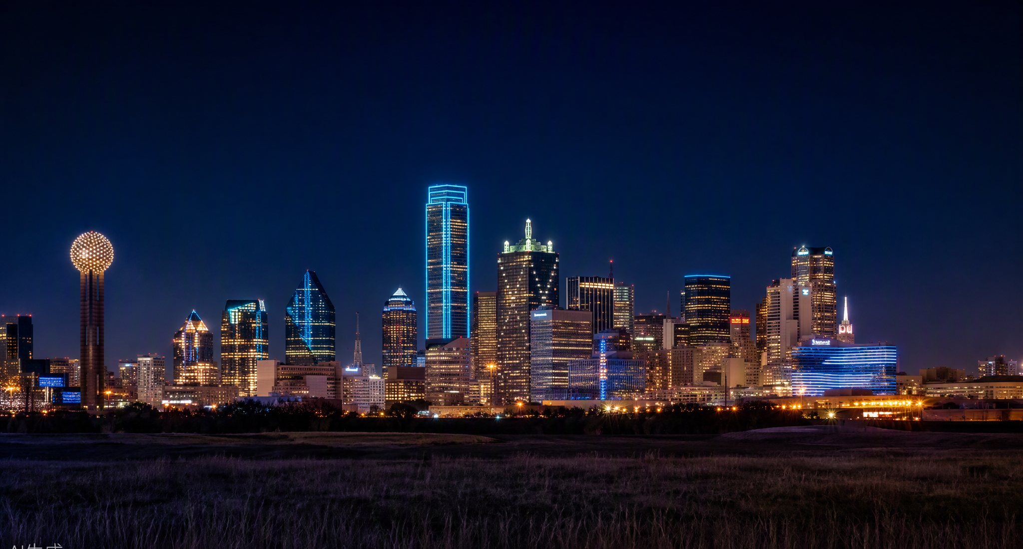 Dallas–Fort Worth skyline at blue hour with cyan-lit towers