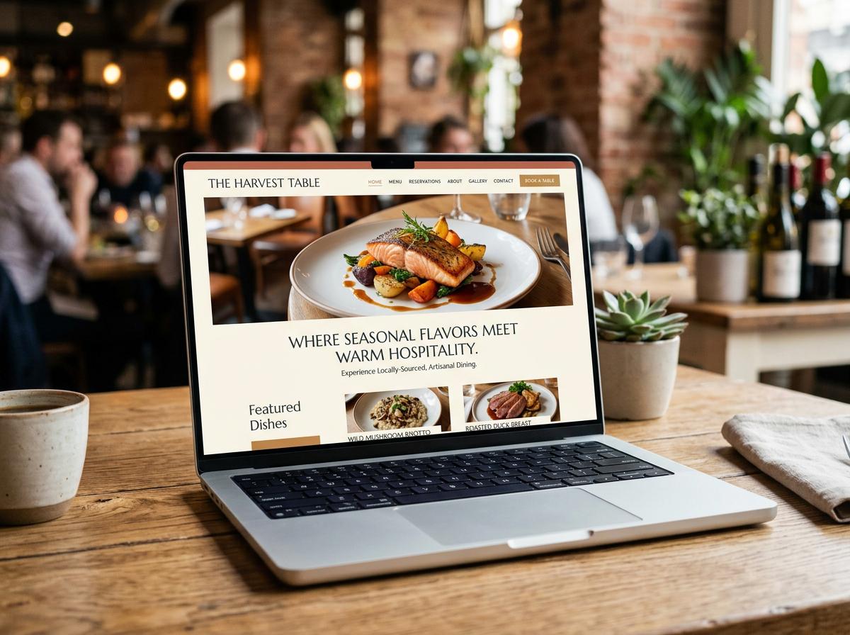 The Golden Spoon restaurant website mockup showing a warm, inviting design with professional food photography