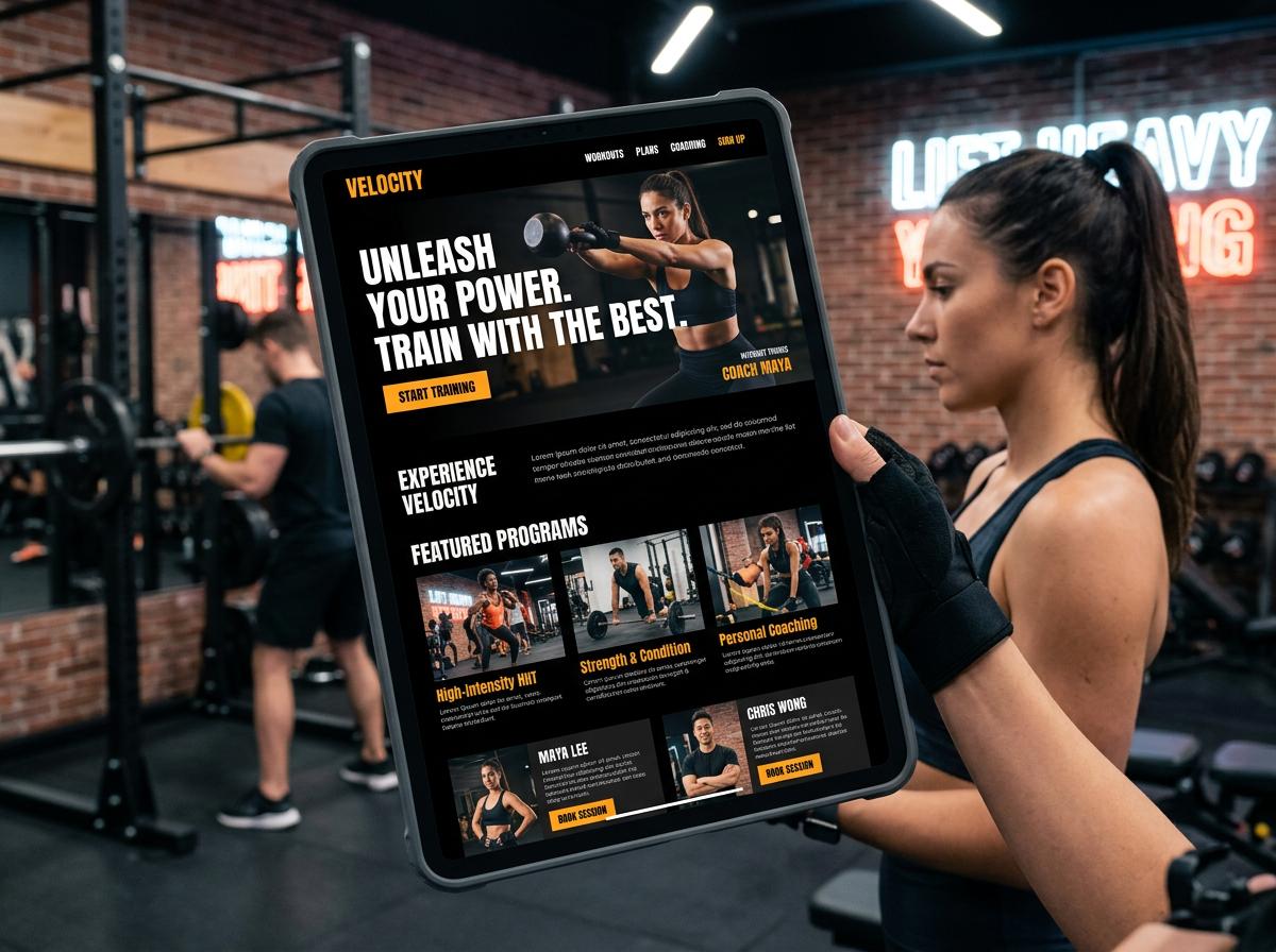 FitLife Coaching fitness website mockup with bold typography and energetic dark theme