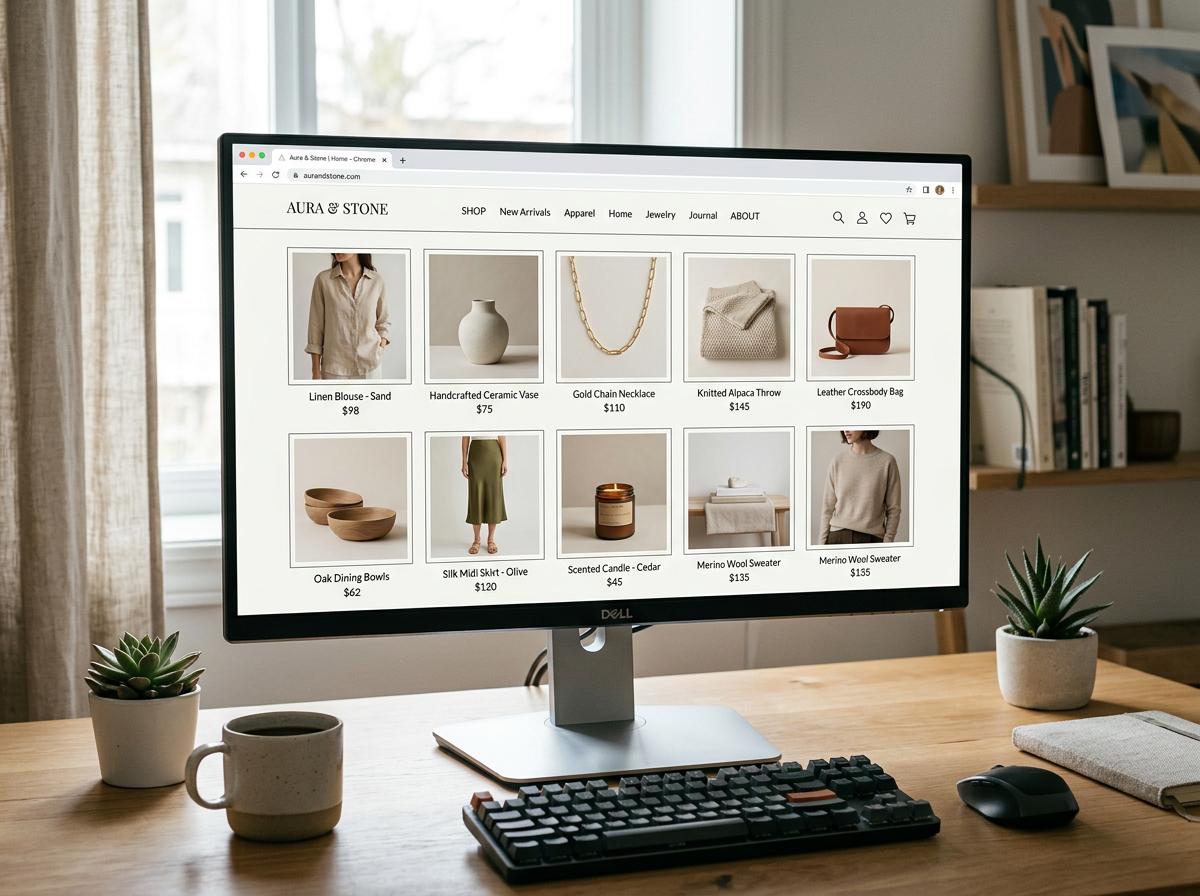 Luxe Boutique e-commerce website mockup with elegant minimalist design and product grid